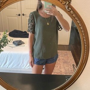 Madewell Forest Green Silk Blouse with Laser Cut Leaf Detail Sleeves size S